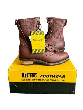 AdTec Work Boots Brown Leather Ropers‎ Oil Resistant Non Slip Mens 8.5 W Western
